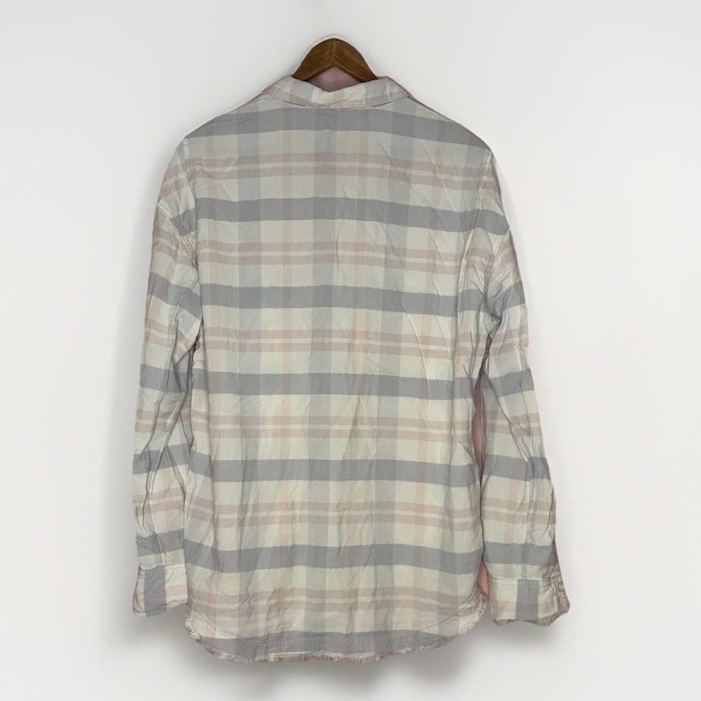 Free People Distressed Plaid Flannel Shirt Boho Grunge Raw Hem‎ Button Front M - Picture 3 of 5